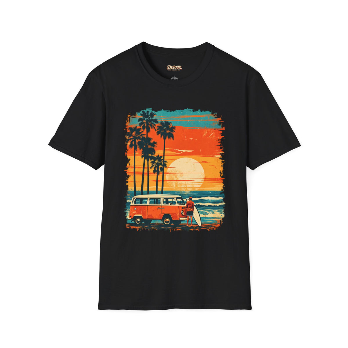 Retro Sunset Van T-Shirt – Tropical Beach Road Trip Graphic