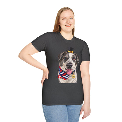 Patriotic Pup Tee — Dog with Top Hat & American Flag Bandana