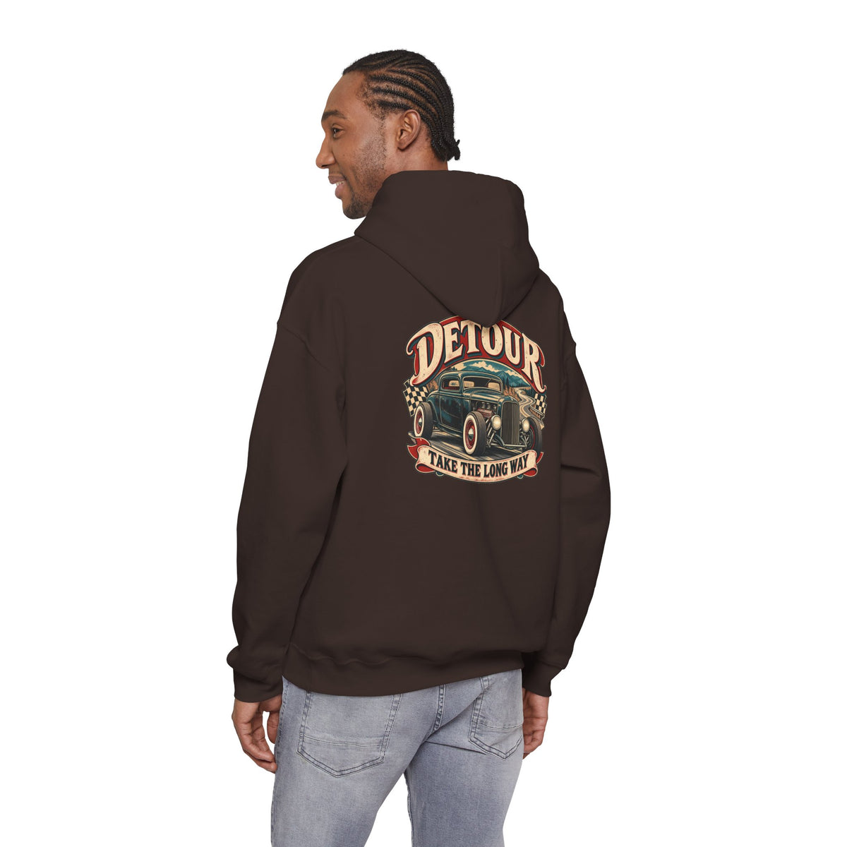 Detour Vintage Hot Rod Hoodie — "Take The Long Way" Classic Car Sweatshirt