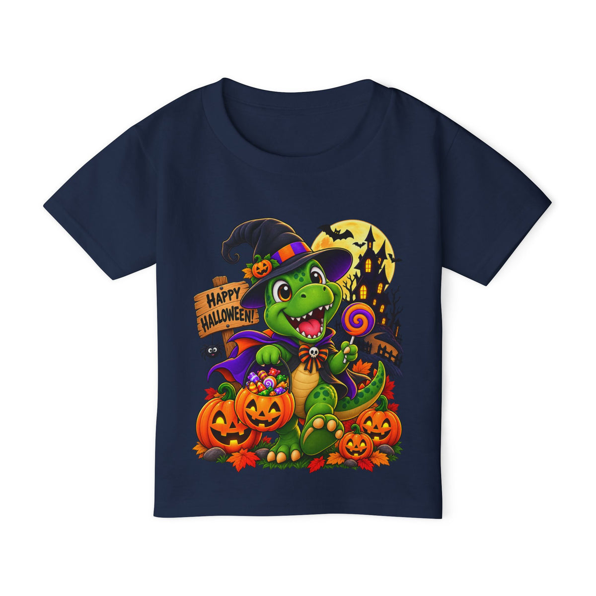 Toddler Halloween Dino T‑Shirt – Cute Witch Dino with Pumpkins & "Happy Halloween" Design