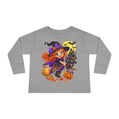 Toddler Halloween Witch Long Sleeve Tee — Cute Witch & Black Cat Pumpkin Design
