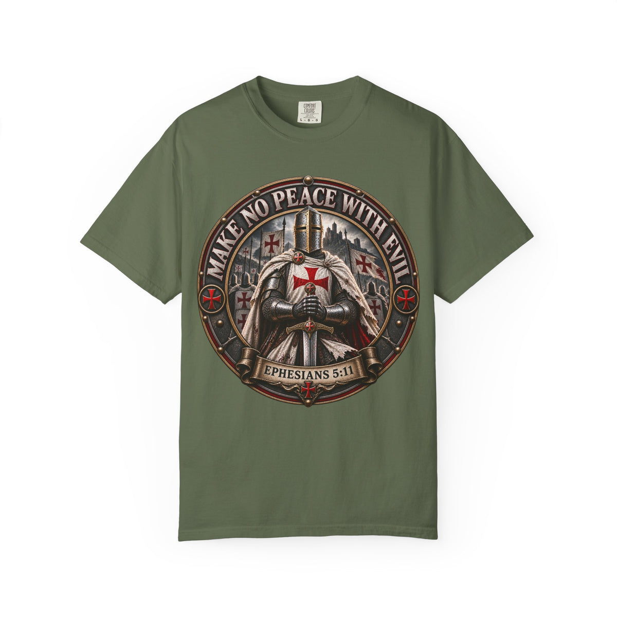Make No Peace With Evil T-shirt | Crusader Helmet Ephesians 5:11