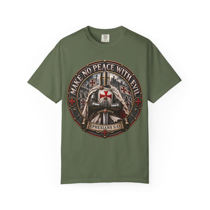 Make No Peace With Evil T-shirt | Crusader Helmet Ephesians 5:11