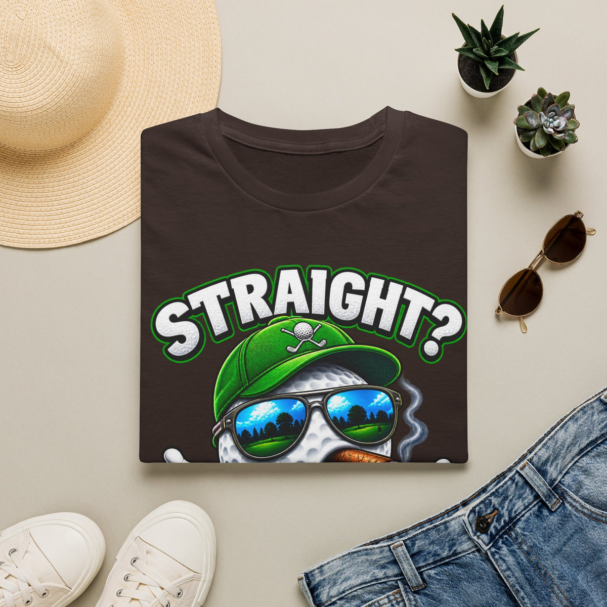 Golf Ball Graphic T-Shirt — "Straight? Never Heard of Her." Funny Golf Shirt