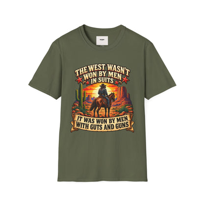 Western Graphic T-Shirt — “The West Wasn’t Won by Men in Suits” Cowboy Sunset Tee