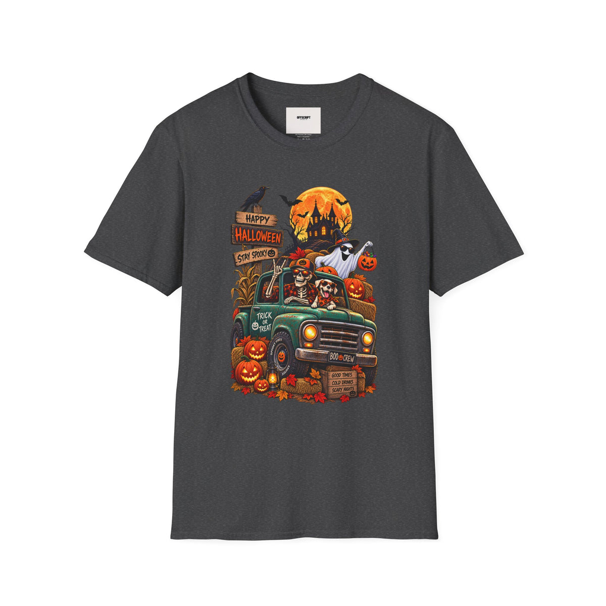 Halloween Truck Graphic T‑Shirt — Happy Halloween Ghosts & Pumpkins Design