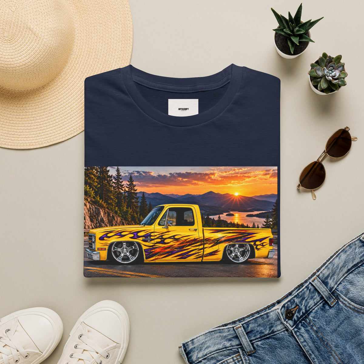 Yellow Flame Pickup T-Shirt — Sunset Classic Truck Graphic Tee