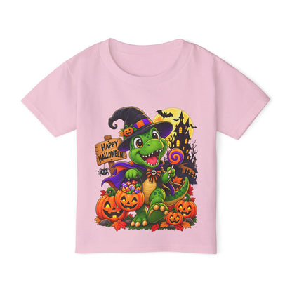 Toddler Halloween Dino T‑Shirt – Cute Witch Dino with Pumpkins & "Happy Halloween" Design