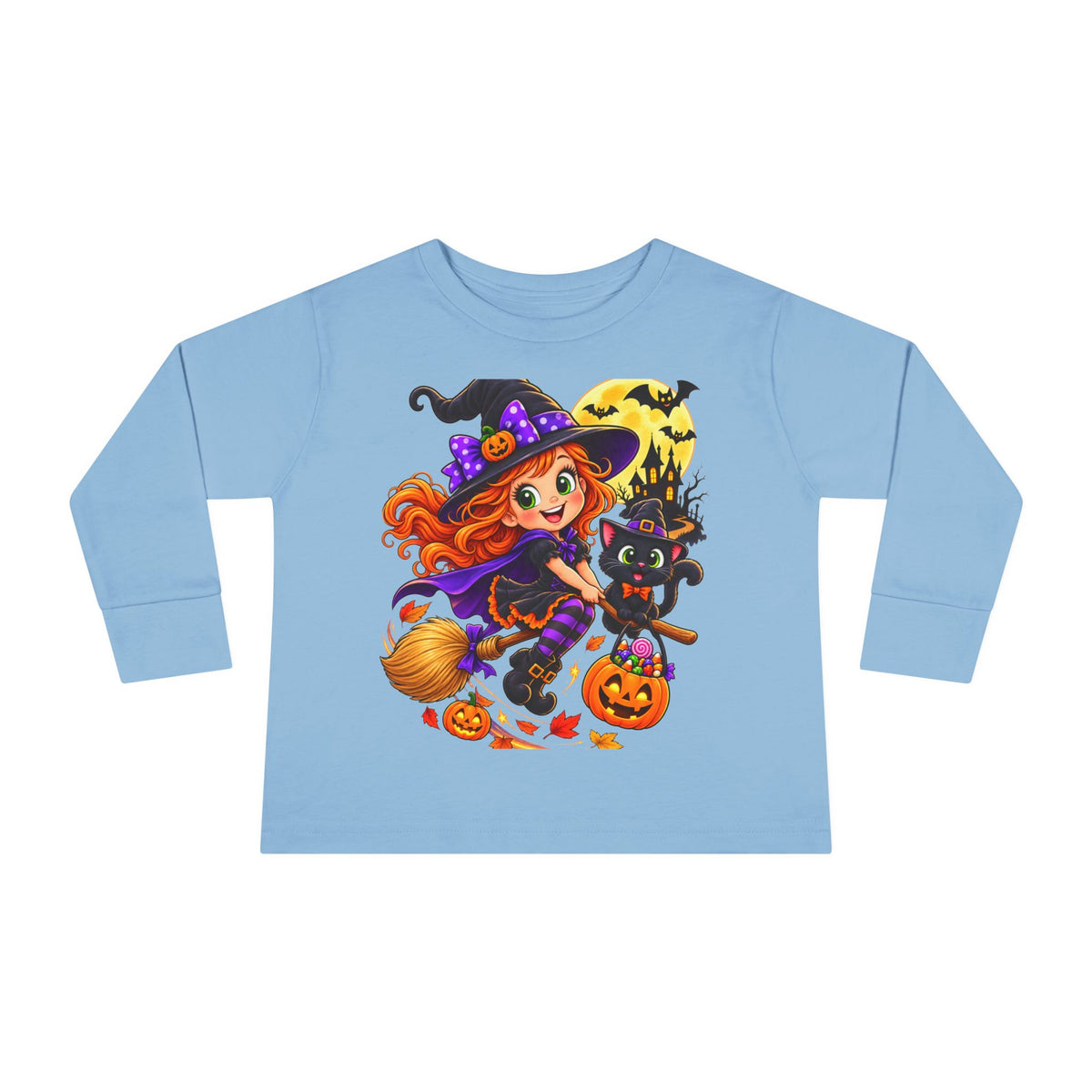 Toddler Halloween Witch Long Sleeve Tee — Cute Witch & Black Cat Pumpkin Design