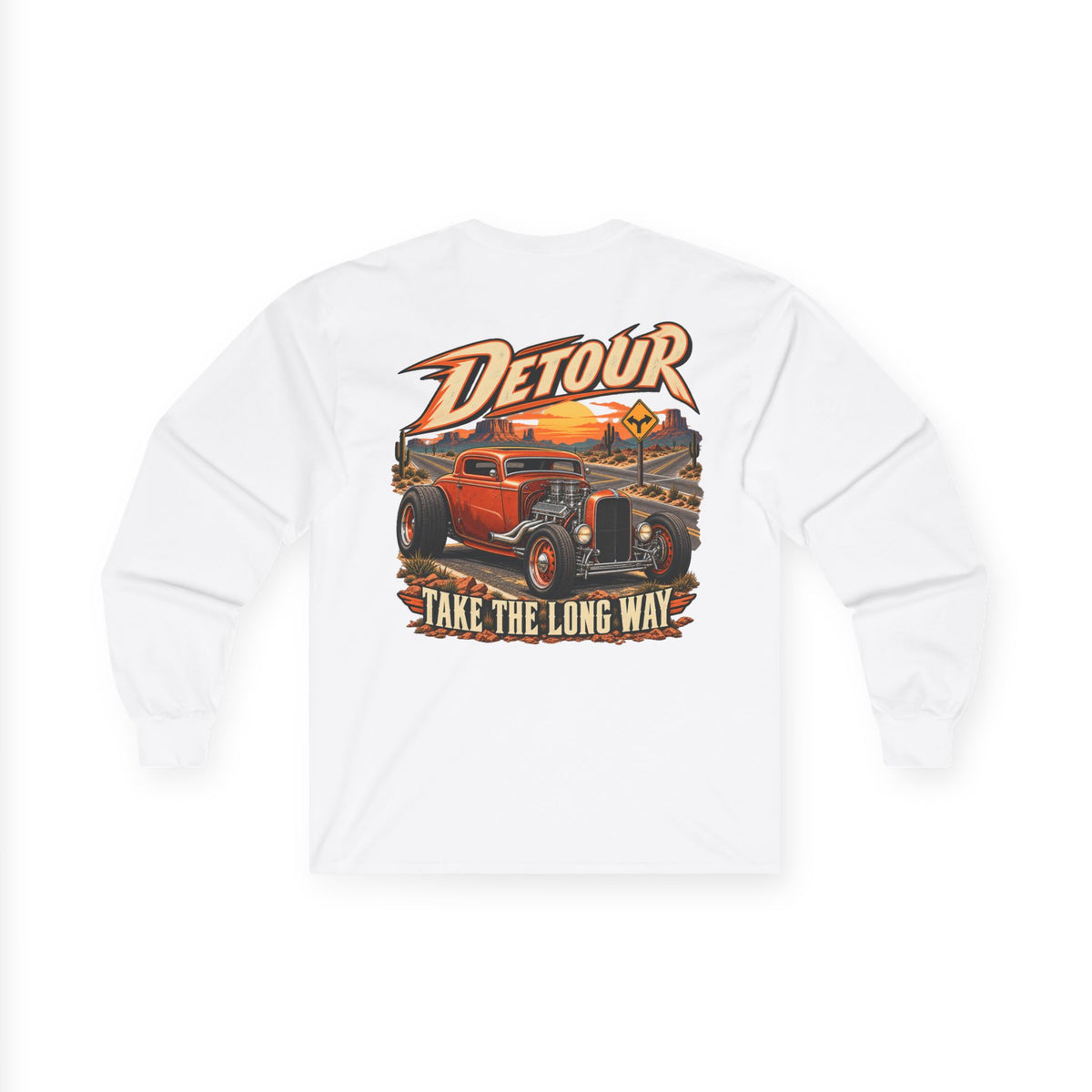 Detour Classic Car Long Sleeve Tee – 'Take The Long Way' Vintage Hot Rod Shirt