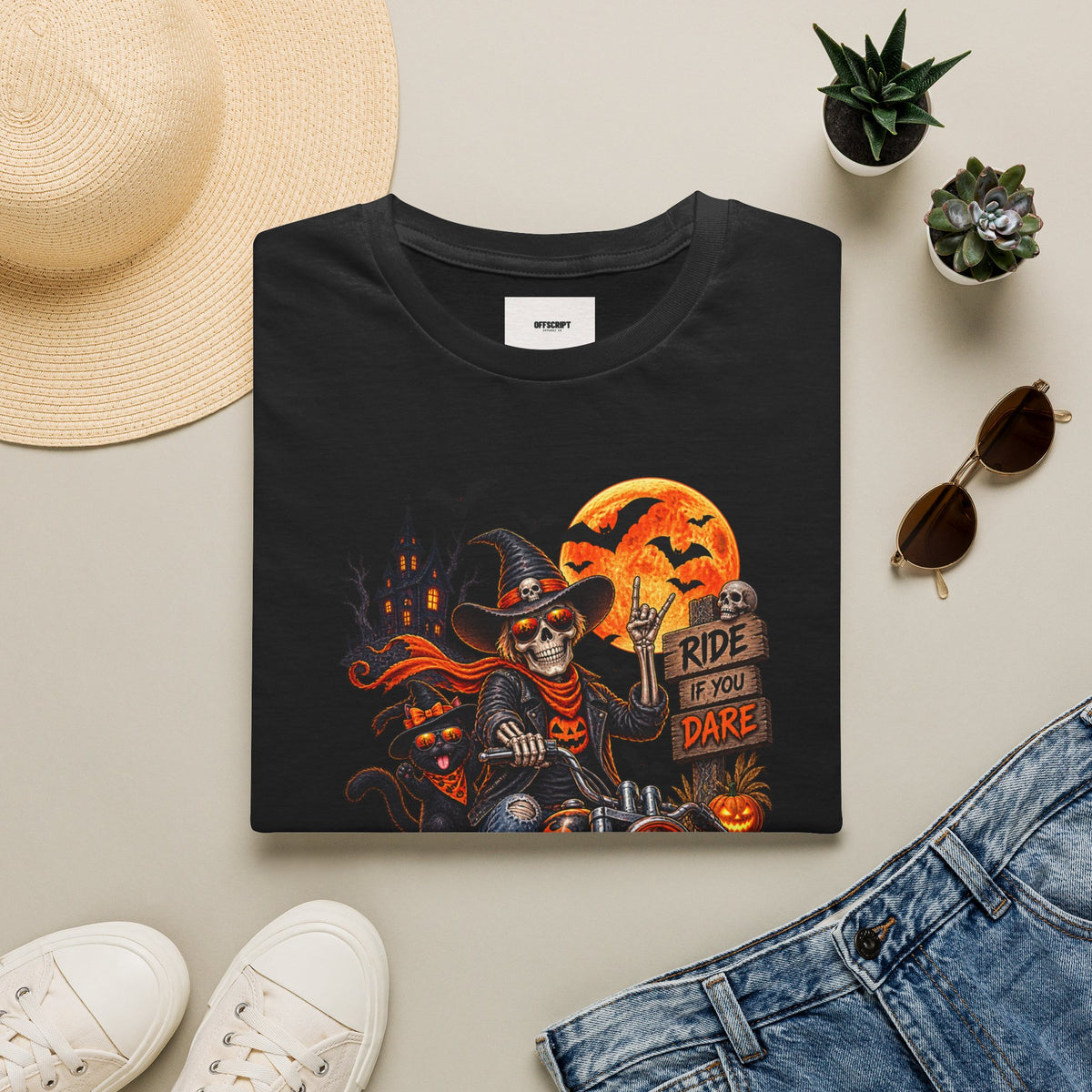 Halloween Biker Skeleton T-Shirt — "Ride If You Dare" Spooky Motorcycle Tee