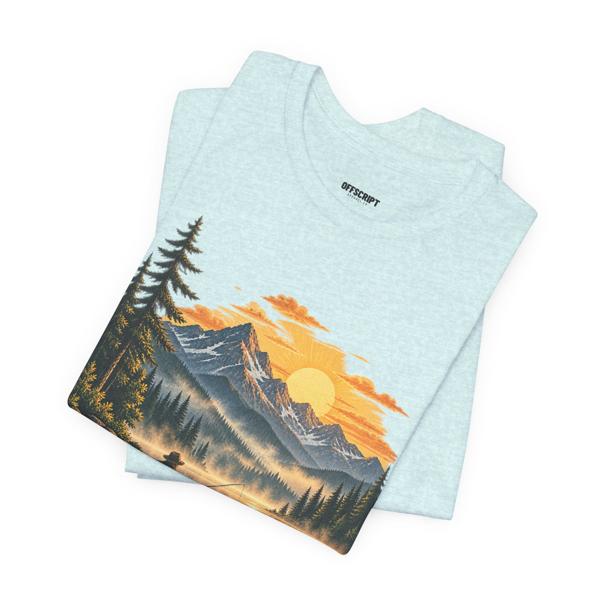 Sunset Lake Fishing T-Shirt — Mountain Boat Fishing Graphic Tee