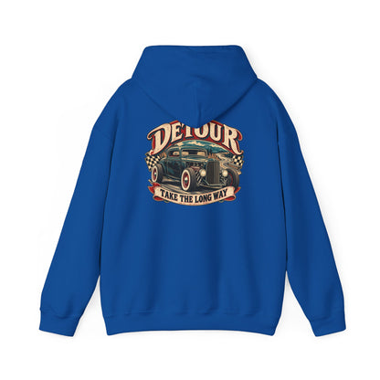 Detour Vintage Hot Rod Hoodie — "Take The Long Way" Classic Car Sweatshirt