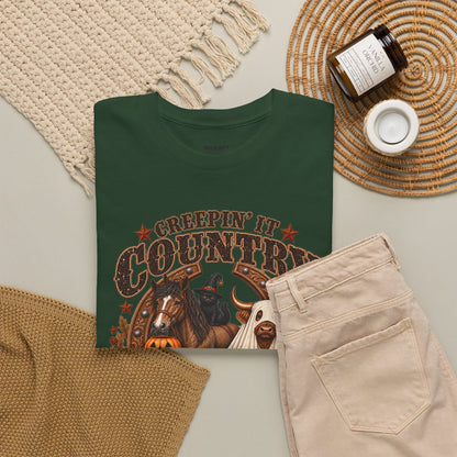 Country Halloween Tee — "Keepin' It Country Boo Y'all" Farm Animal Pumpkin T-Shirt