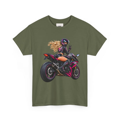 Motorcycle Girl Tee — Feminine Sportbike Rider Graphic Shirt