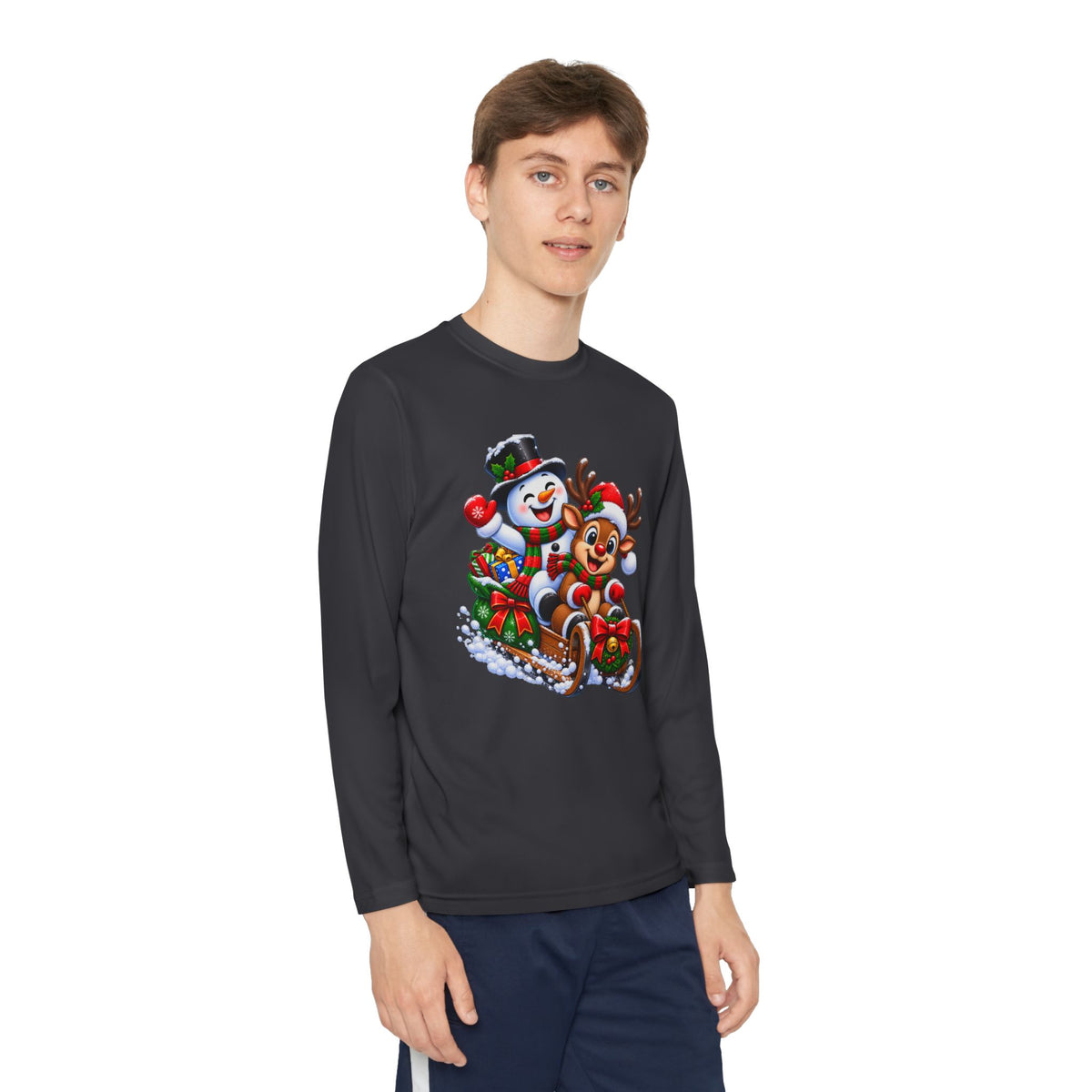 Kids' Christmas Sledding Tee — Snowman & Reindeer Holiday Long Sleeve