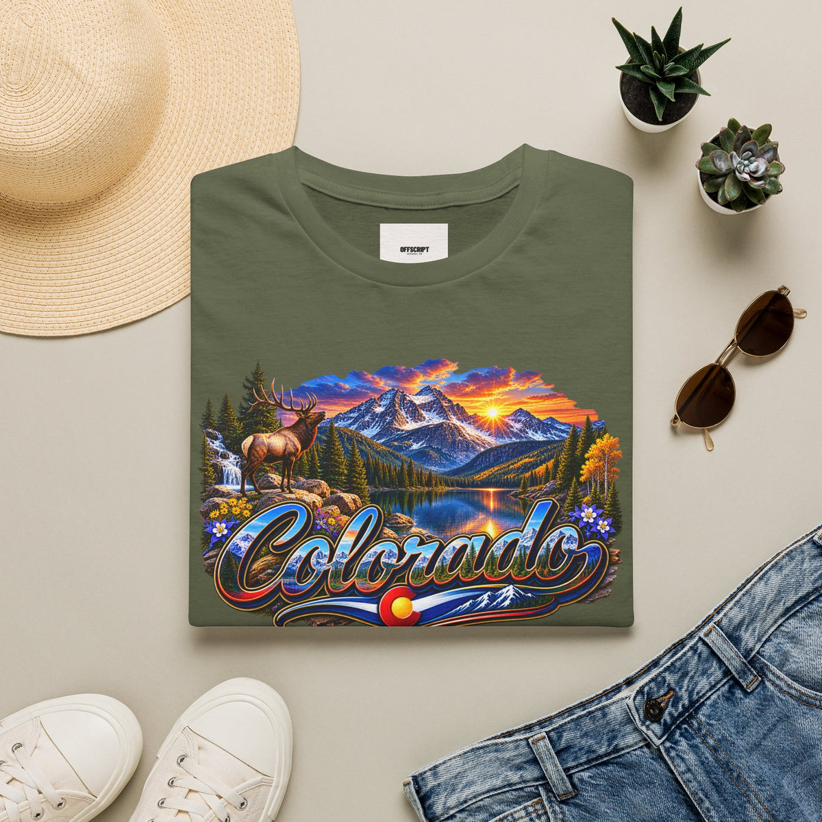 Colorado Scenic T‑Shirt — Mountain Sunset Landscape with Elk and State Script