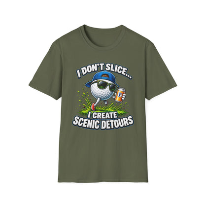Golf T-Shirt — "I Don't Slice... I Create Scenic Detours" Funny Golfer Tee