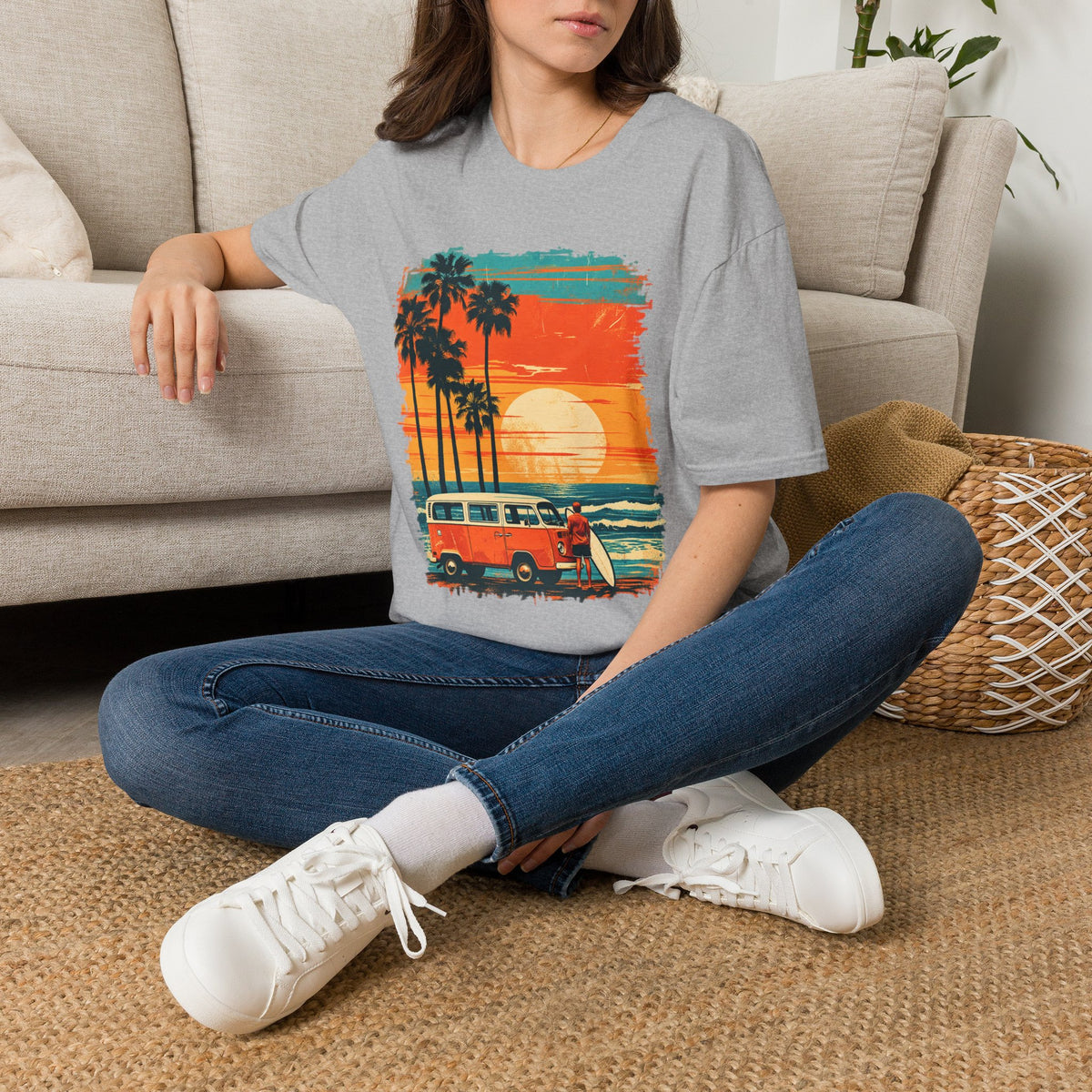 Retro Sunset Van T-Shirt – Tropical Beach Road Trip Graphic