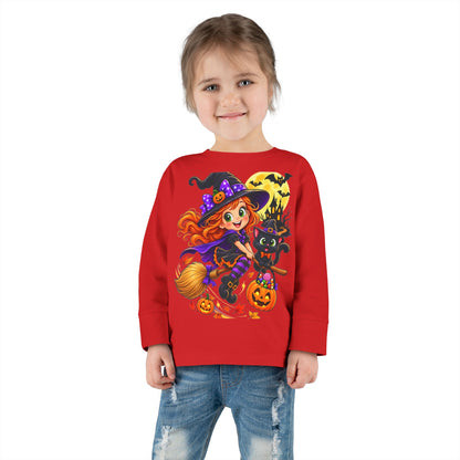 Toddler Halloween Witch Long Sleeve Tee — Cute Witch & Black Cat Pumpkin Design