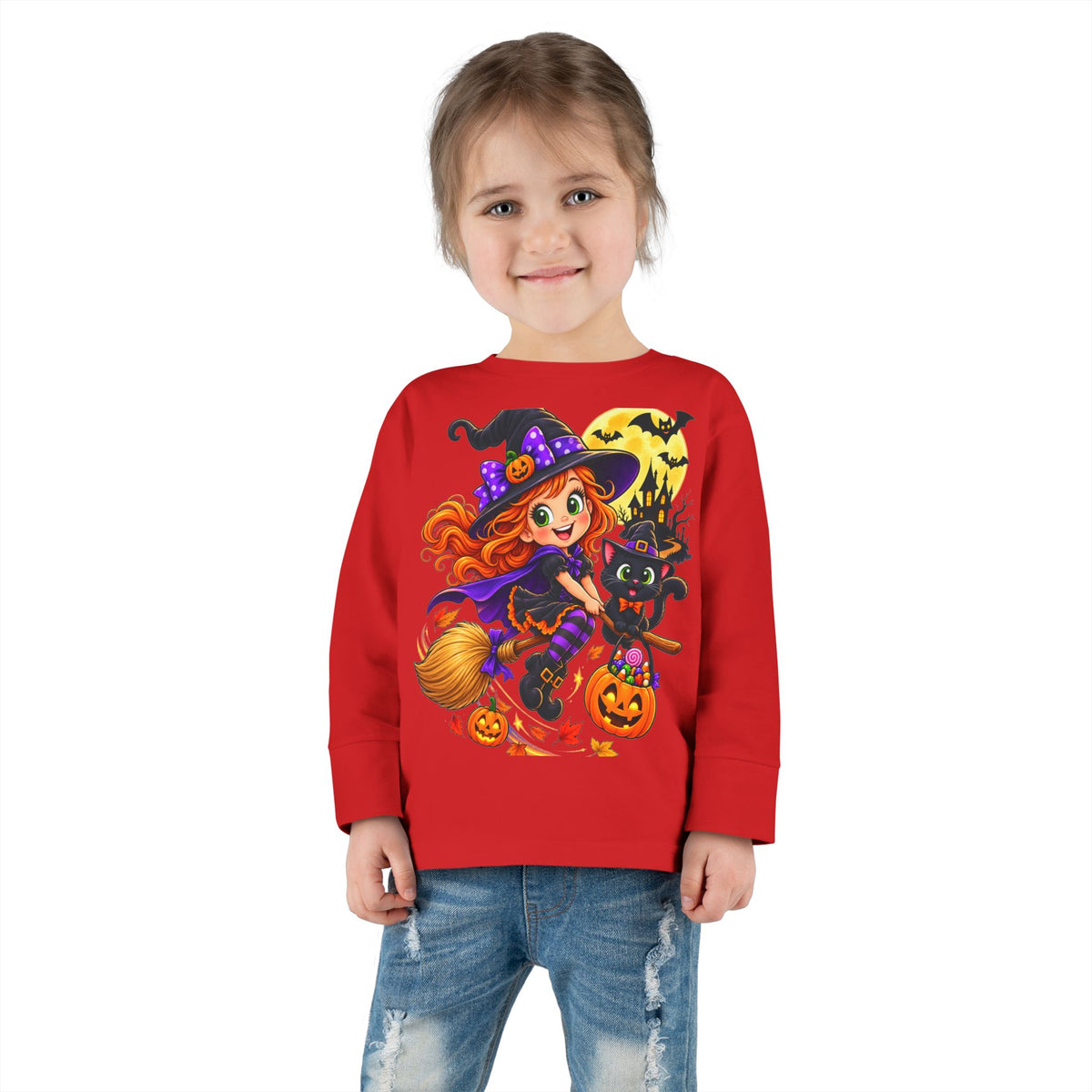 Toddler Halloween Witch Long Sleeve Tee — Cute Witch & Black Cat Pumpkin Design