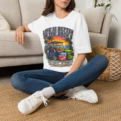 Golf T-Shirt — "Life Is Better on the Back 9" Sunset Golf Cart Design