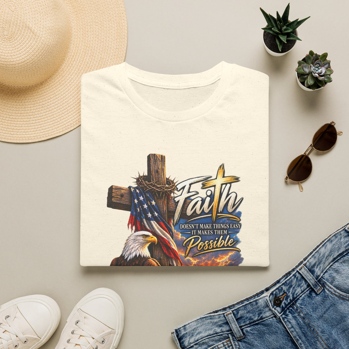 Faith Eagle T-Shirt — 'Faith Makes The Impossible Possible' Patriotic Cross Design