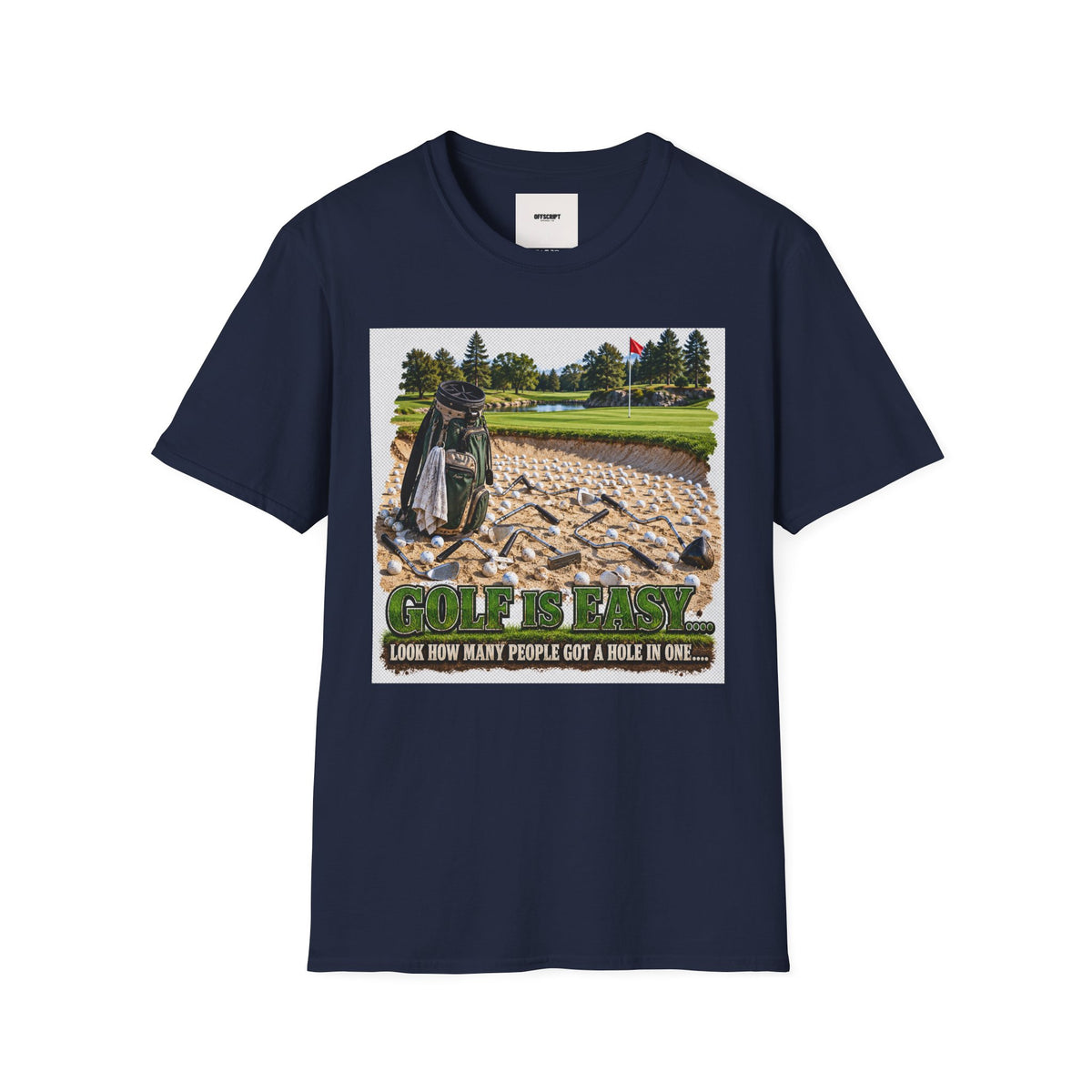Golf Bunker Scene T-Shirt — "How Many People Live & Work In Dunes" Graphic Tee