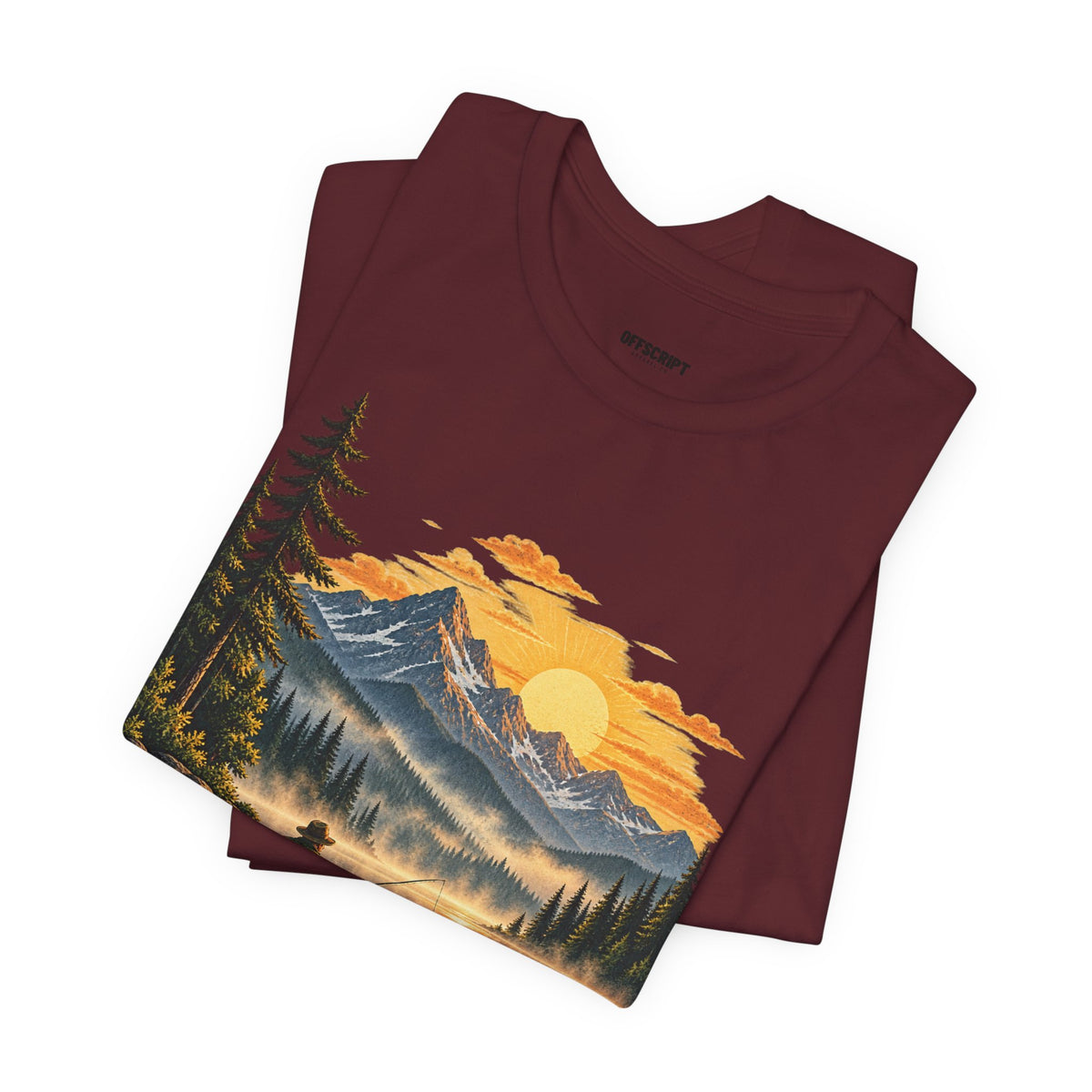 Sunset Lake Fishing T-Shirt — Mountain Boat Fishing Graphic Tee