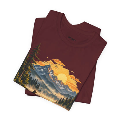 Sunset Lake Fishing T-Shirt — Mountain Boat Fishing Graphic Tee