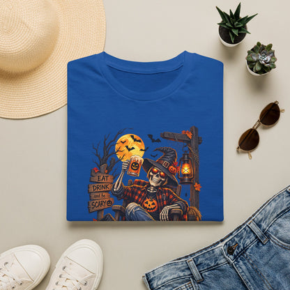 Halloween Skeleton Scarecrow T-Shirt — 'Eat Drink & Be Scary' Pumpkin Dog Tee