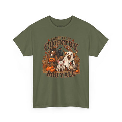 Country Halloween Tee — "Keepin' It Country Boo Y'all" Farm Animal Pumpkin T-Shirt
