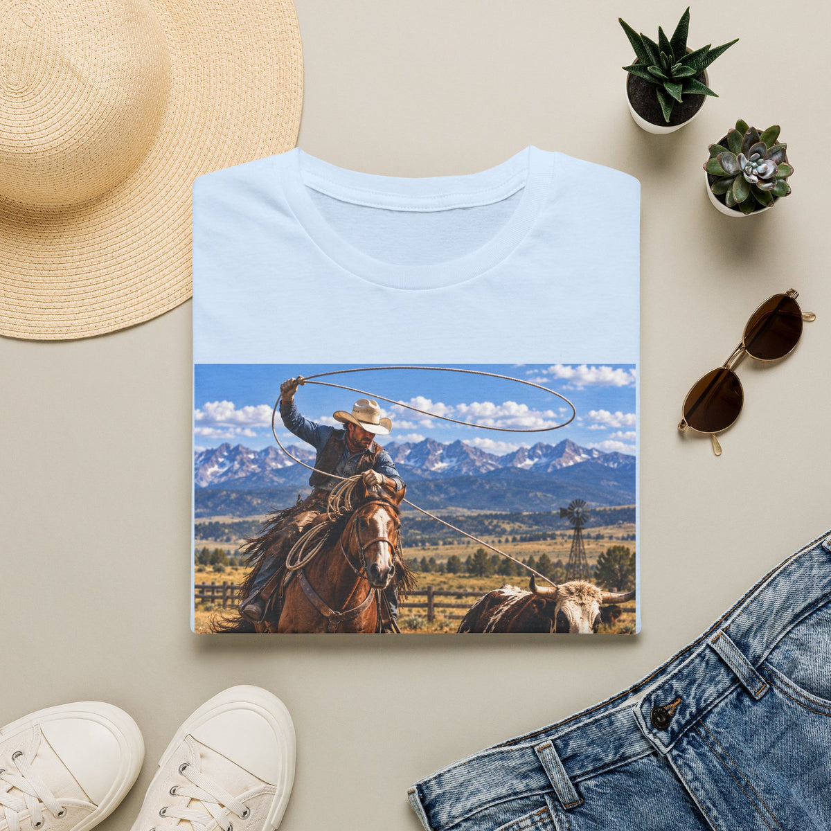 Cowboy Roping Photo T-Shirt — Western Ranch Scenic Tee