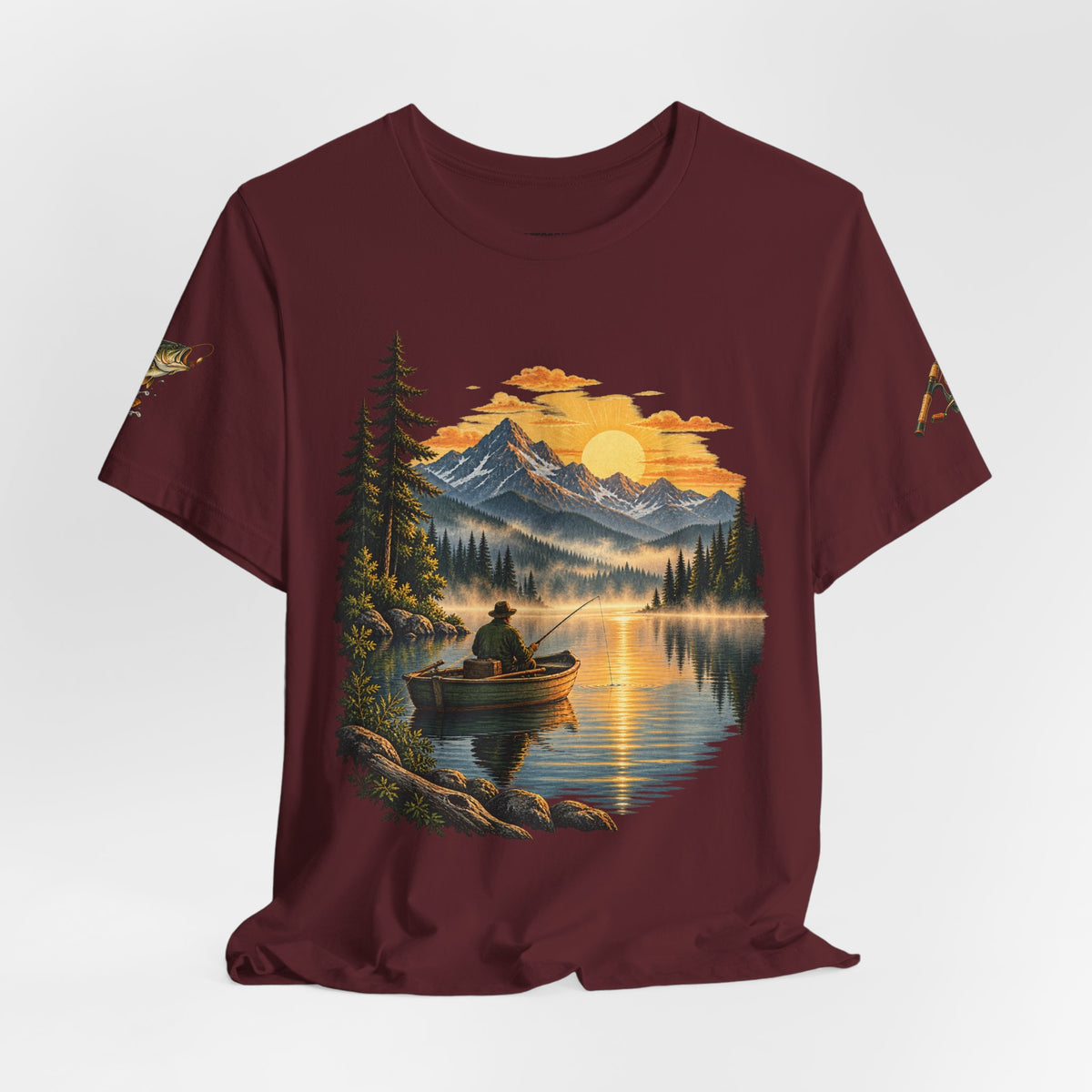 Sunset Lake Fishing T-Shirt — Mountain Boat Fishing Graphic Tee