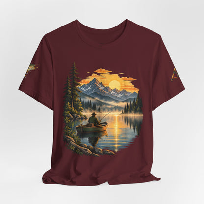 Sunset Lake Fishing T-Shirt — Mountain Boat Fishing Graphic Tee