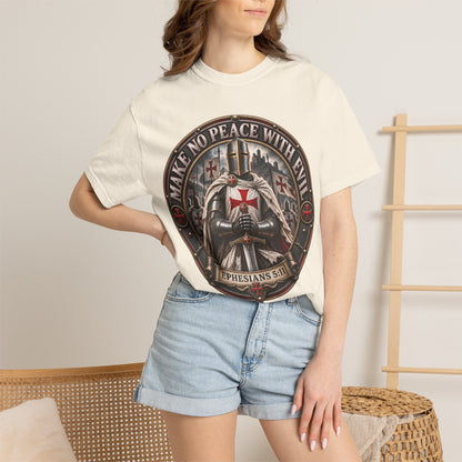 Make No Peace With Evil T-shirt | Crusader Helmet Ephesians 5:11