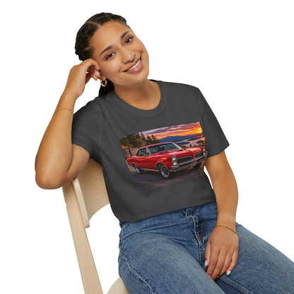 Classic Red Muscle Car T-Shirt — Vintage Pontiac Sunset Driving Tee