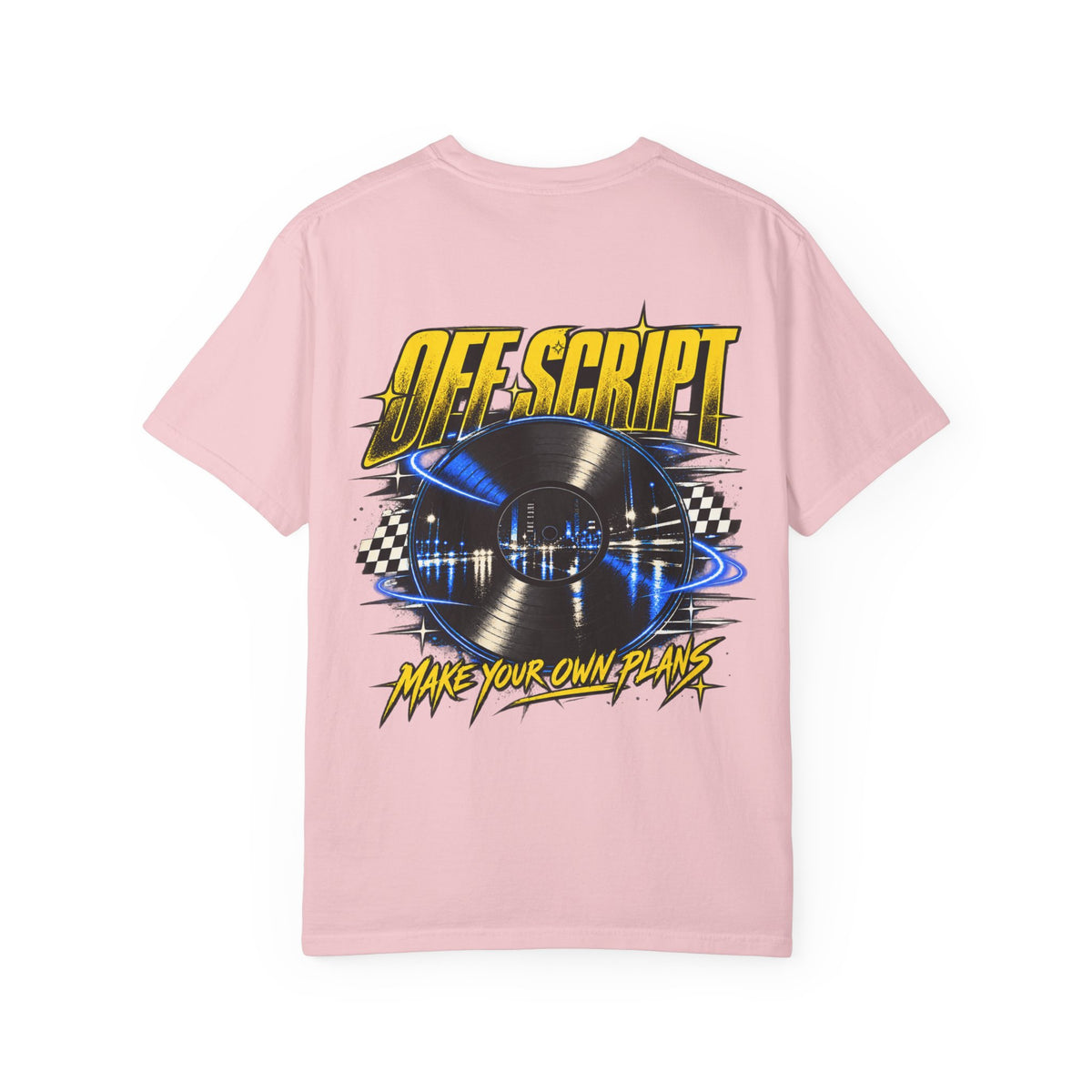 T-Shirt — Off Script Vinyl Graphic Tee: "Make Your Own Plans" Retro Racing Design