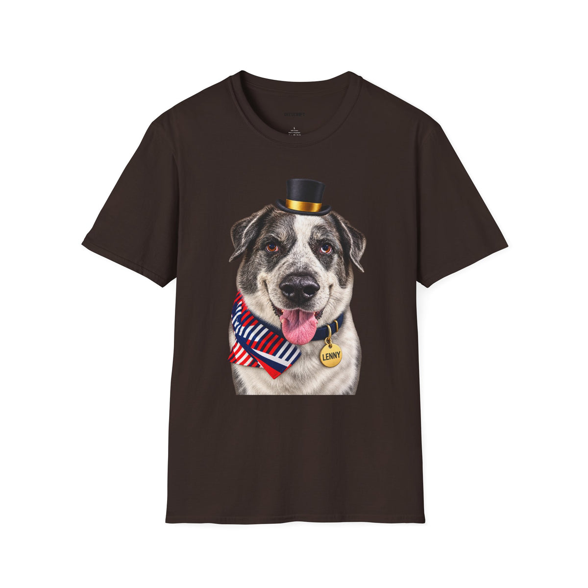 Patriotic Pup Tee — Dog with Top Hat & American Flag Bandana