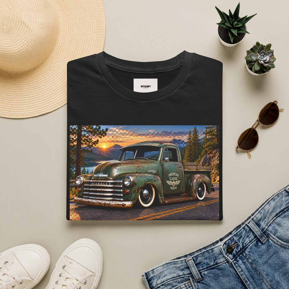 Vintage Green Pickup Truck T-Shirt — Retro Rustic Sunset Road Tee