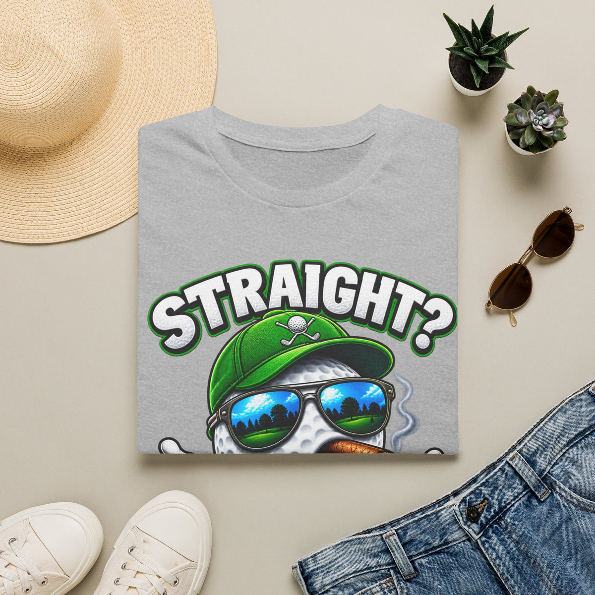 Golf Ball Graphic T-Shirt — "Straight? Never Heard of Her." Funny Golf Shirt