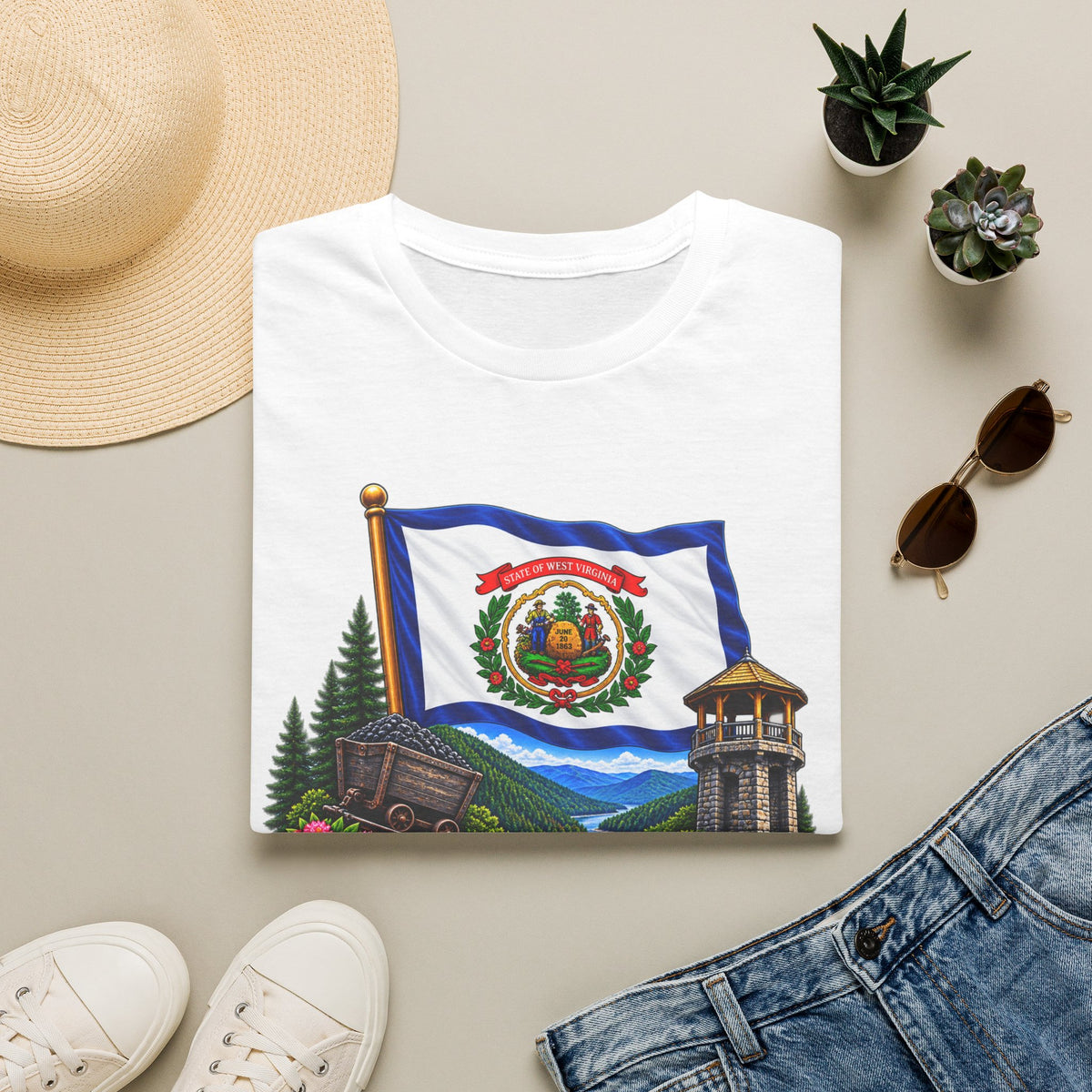 West Virginia Flag T-Shirt — State Pride Scenic Design ("Mountaineers Are Always Free")
