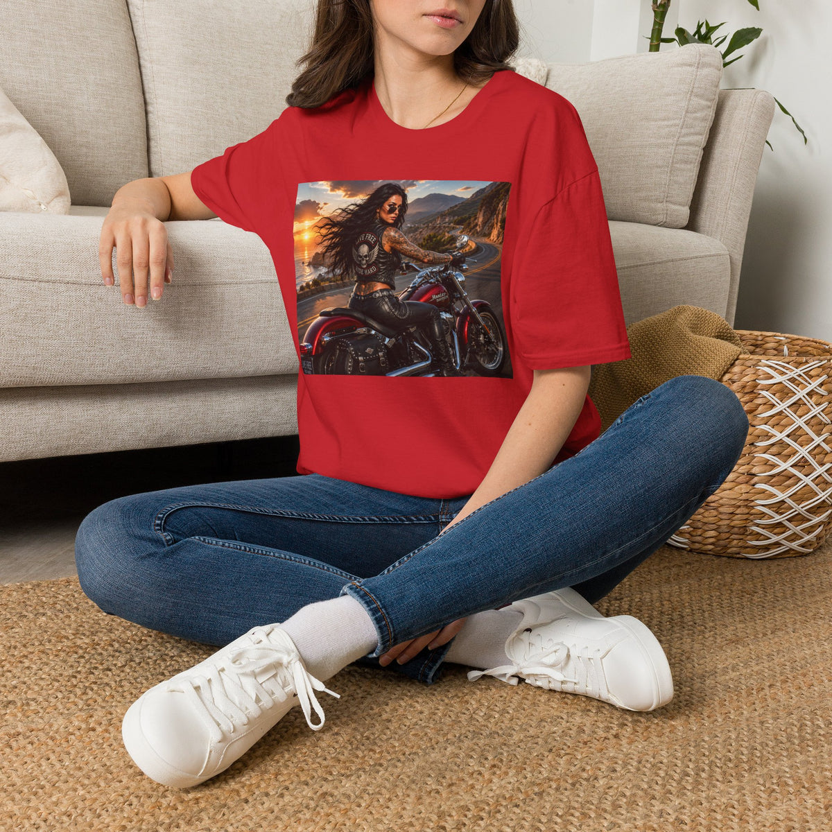 Biker Girl Sunset T-Shirt — Motorcycle Rider Graphic Tee