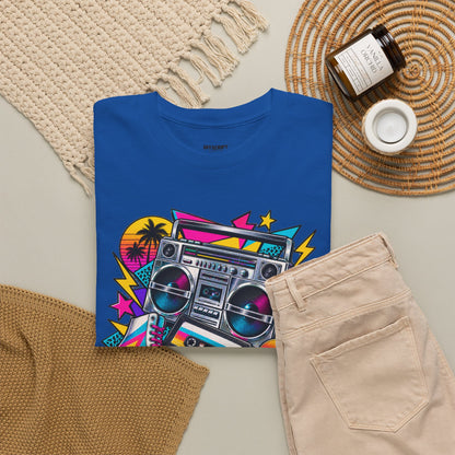 Retro Boombox Tee — 80s Neon Music Graphic T-Shirt