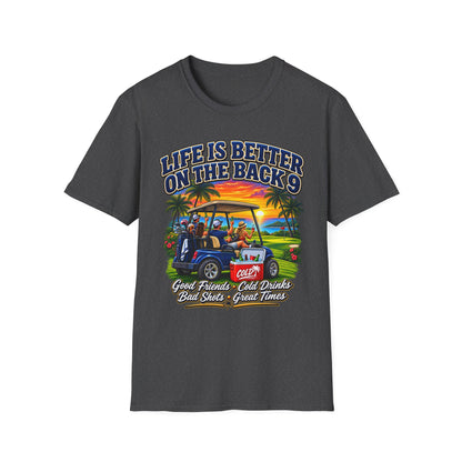 Golf T-Shirt — "Life Is Better on the Back 9" Sunset Golf Cart Design