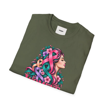 Women's Cancer Awareness T-Shirt — Pink Ribbon Floral Support Tee