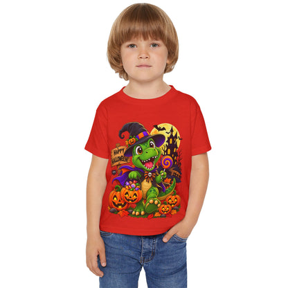 Toddler Halloween Dino T‑Shirt – Cute Witch Dino with Pumpkins & "Happy Halloween" Design