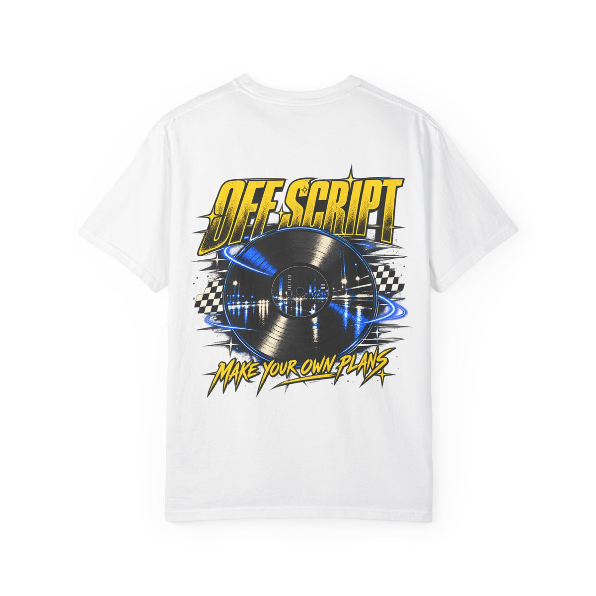T-Shirt — Off Script Vinyl Graphic Tee: "Make Your Own Plans" Retro Racing Design