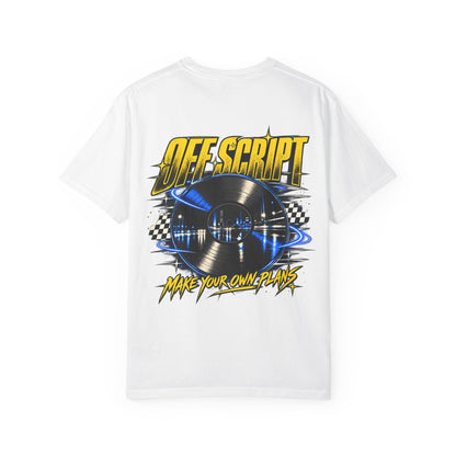 T-Shirt — Off Script Vinyl Graphic Tee: "Make Your Own Plans" Retro Racing Design