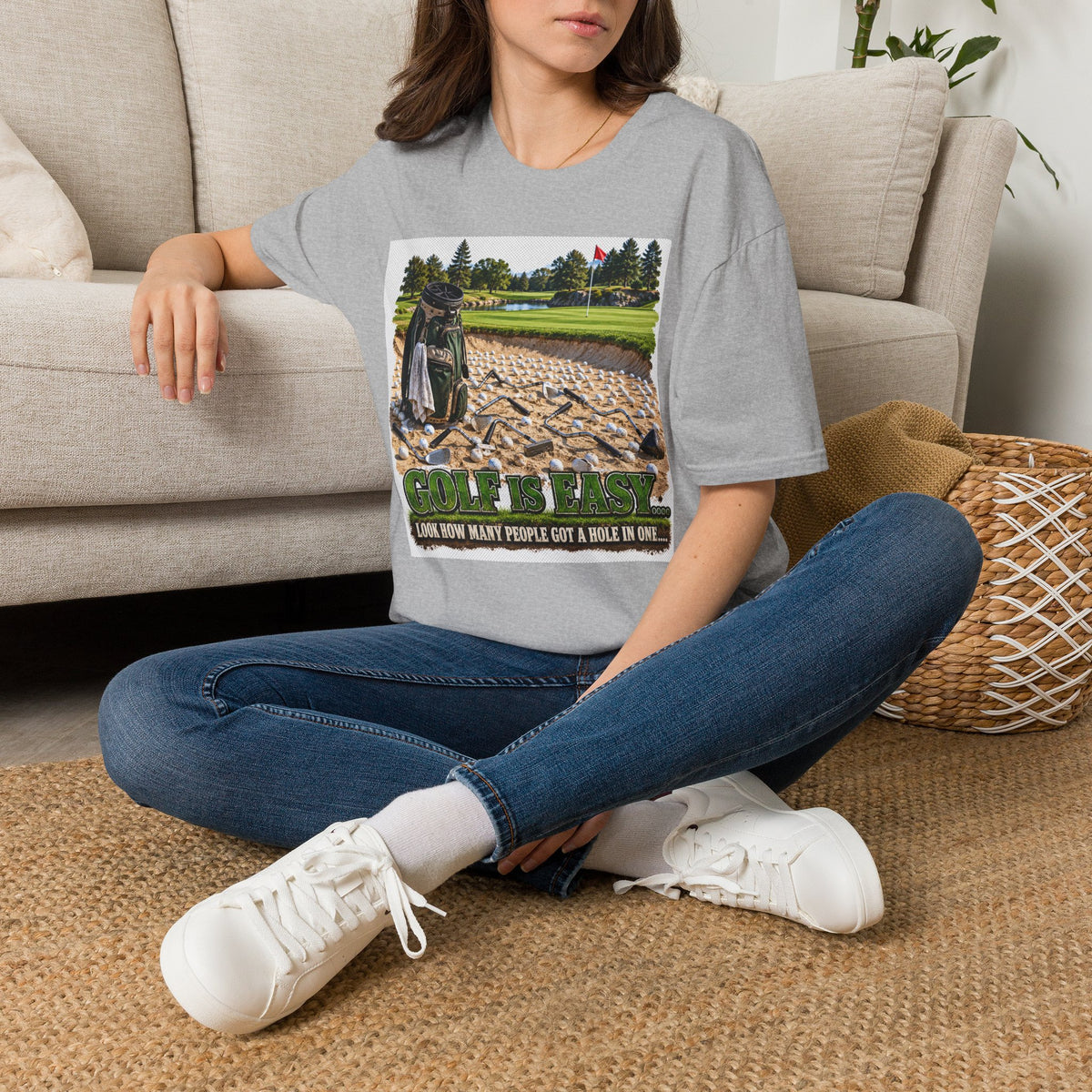 Golf Bunker Scene T-Shirt — "How Many People Live & Work In Dunes" Graphic Tee